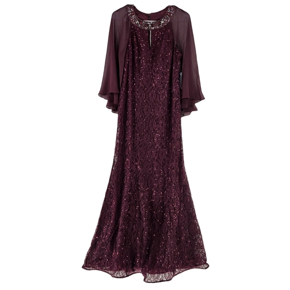 SLNY Women's Burgundy Sequined Rhinestone Capelet Maxi Formal Sheath Dress - 8P - Picture 2 of 8